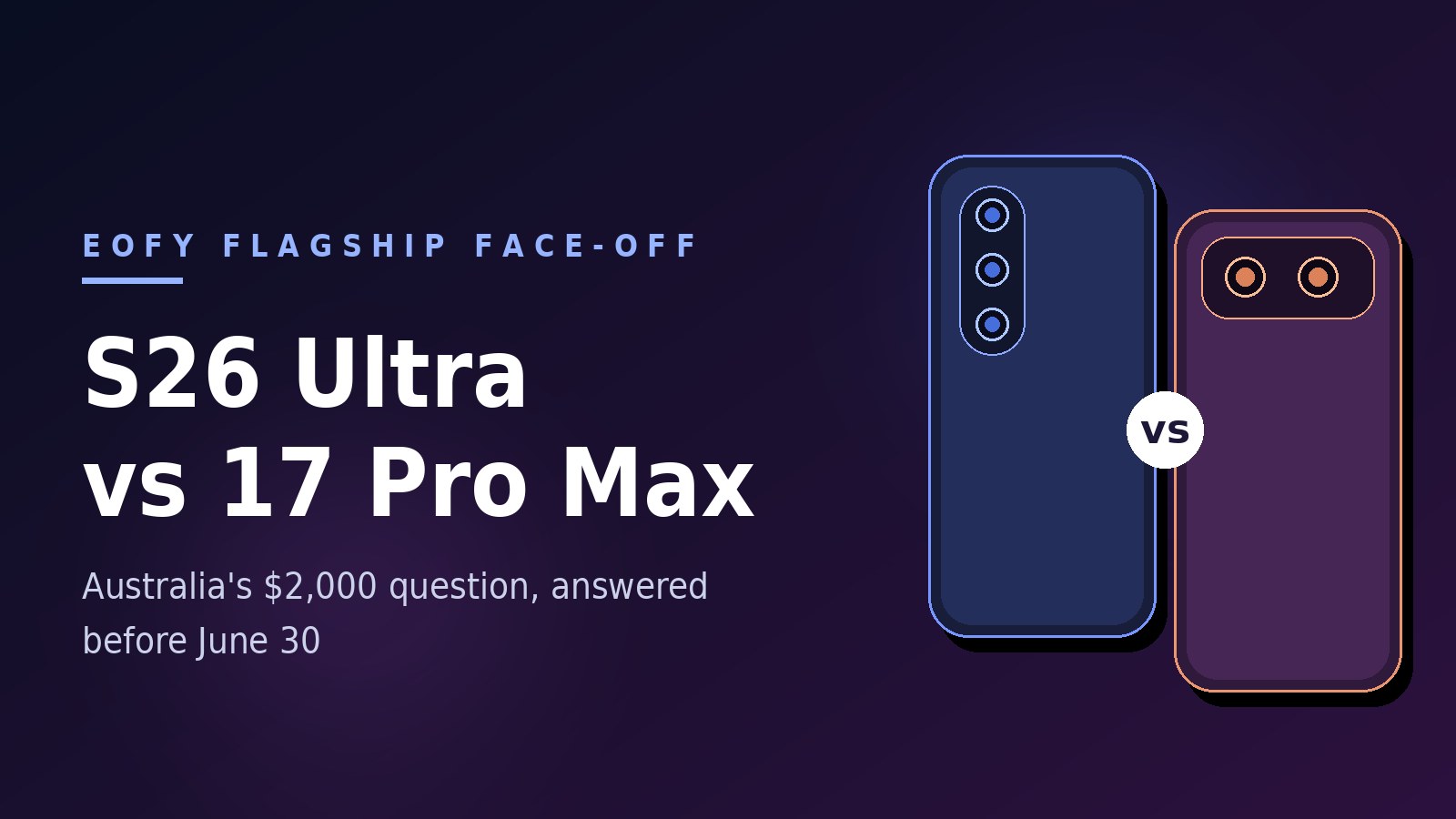 Illustration of two flagship smartphones facing off under the headline S26 Ultra vs 17 Pro Max