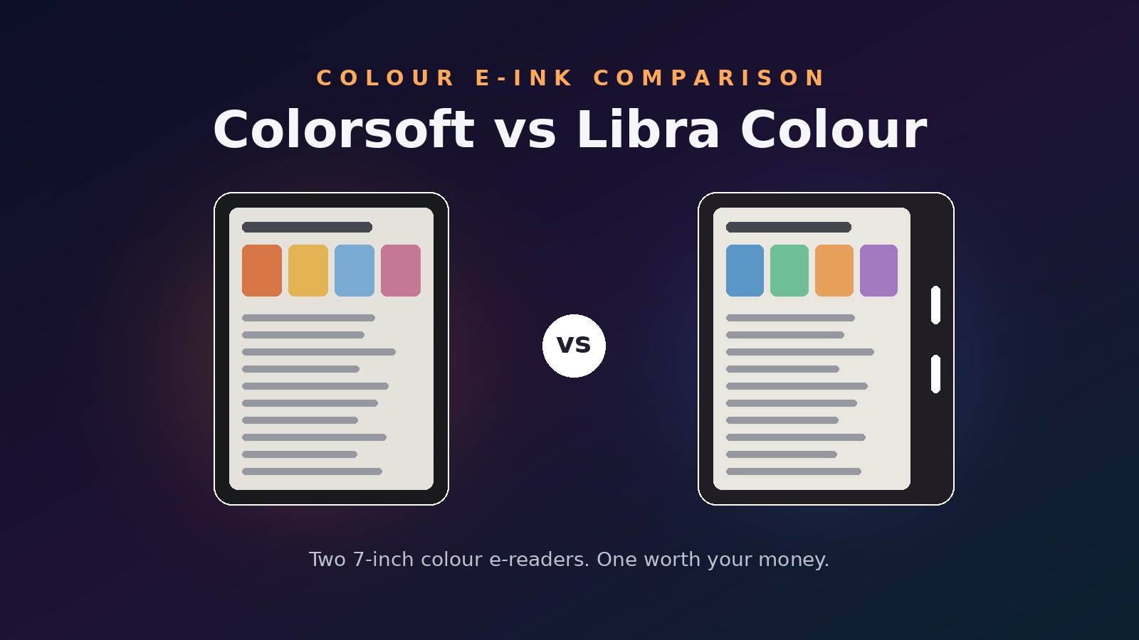 Illustration of two e-readers side by side showing colour pages, under the headline Colorsoft vs Libra Colour