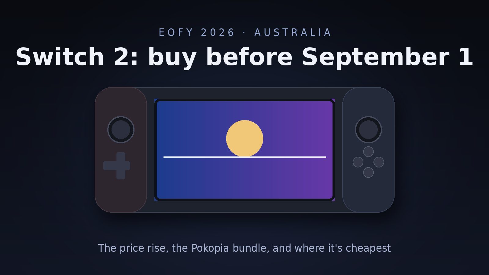 Illustration of a handheld game console under the headline Switch 2: buy before September 1